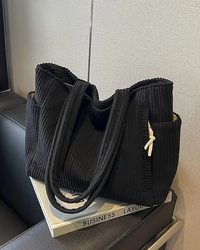 Stefanie® | Gerippte Tragetasche mit Kordel-Detail – Schwarz