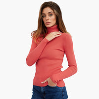 Damen Turtleneck Pullover mit gerippten Bündchen und Saum – Wassermelonenrot