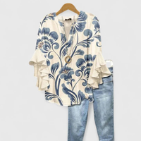 Viviane | Damen Top Blumenmuster Rüschenärmel Romantic Feminin Sommer – Weiß Blau