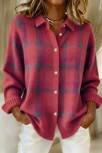 Anna – Weiche Strickjacke mit Karomuster – Rosa