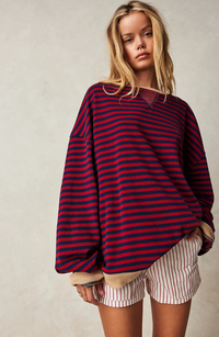 Damen Lässig Rundhals Langarm Shirt Pullover – Rot