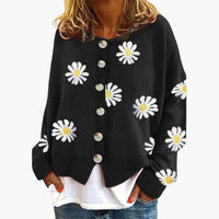 Damenstrick jacke mit Knopfverschluss und Blumenmuster – Schwarz