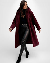 Langer Teddy-Fleece Mantel für Damen mit Kapuze – Rot