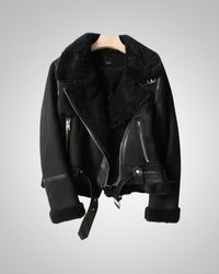 Vanessa | Damen Leder Sherpa Bikerjacke – Schwarz