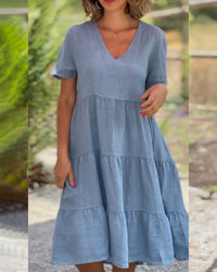 Louhi | Baumwoll-Leinen-Kleid mit V-Kragen – Blau