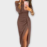 NELLI - ELEGANTES KLEID MIT SCHULTERFREIEM DESIGN – Braun