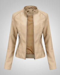 Luisa | Damen Klassische Hohem Kragen Lederjacke – Beige