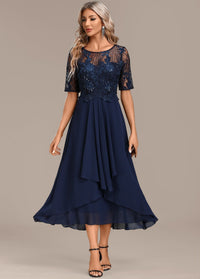 Pauline | Rundhals Kurzarm Kleid – Marine