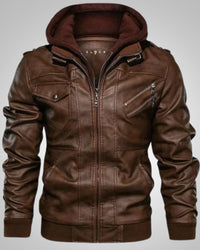 Emil | Herren Klassiker Leder Jacke mit Kapuze – Braun