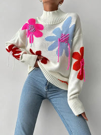 Palithraya | Anmutiger Rollkragenpullover mit Blumenmuster – Weiß