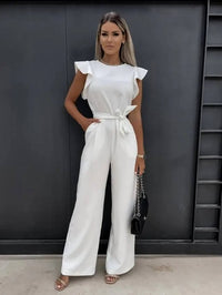 Willow | Rüschenärmel Tailliert Jumpsuit – Weiß