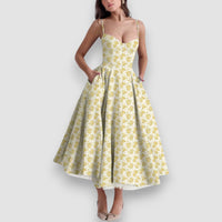 Noir | Blumen Midikleid mit Korsett-Oberteil – Gelb