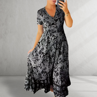 Heidi-Mode | Print Gemütliches V-Ausschnitt Lang Kleid – Schwarz