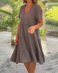Louhi | Baumwoll-Leinen-Kleid mit V-Kragen – Braun
