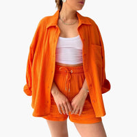 Zweiteiliges Set mit Shorts für Damen - lässiger Sommerlook – Orange