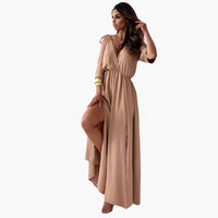 Maxikleid mit V-Ausschnitt und Schlitz – Damen Abendmode – Camel