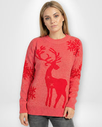 Damen Weihnachts-Pullover mit Rentiermotiv und Rundhalsausschnitt – Rot
