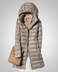 Paula | Damen Leichte Gesteppte Lange Daunenjacke – Khaki