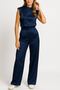 Ellie | Hoher Ausschnitt Weites Bein Jumpsuit – Marine