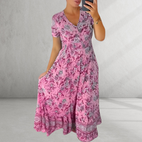 Heidi-Mode | Print Gemütliches V-Ausschnitt Lang Kleid – Rosa