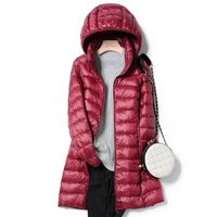 Damen Lange Winter Puffer Jacke | Kapuze – Dunkelrot