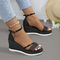 Karin | Damen Plattform Keilabsatz Sandalen Riemen Komfort Sommer – Schwarz