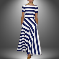 Nicole | Handgefertigtes Langarmkleid mit Streifen – Dunkelblau
