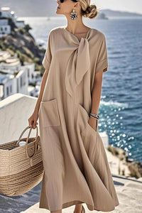 Anette - Kurzarm Rundhals mit Bindeband – Beige
