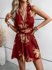 Mila | Jumpsuit mit tiefem V-Ausschnitt und Blumenmuster zum Binden für Frauen – Bordeaux