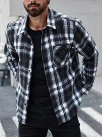 Keytael | Vintage Karierte Fleece-gefütterte Jacke mit Taschen Lässiger Button-Up – Schwarz