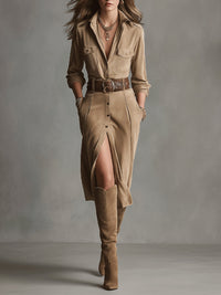 Sofia™ - Elegantes Wildlederkleid – Khaki