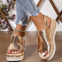 Stefanie | Damen Plattform Sandalen Metallic Glamour Komfort Sommer – Goldfarbene Strasssohle