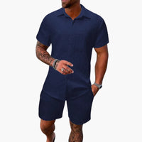 Herren Zweiteiler Set aus Baumwollmix mit Jacquardstruktur – Marine