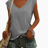Damen V-Ausschnitt Top mit Cap-Ärmeln und Stretchmaterial – Grau