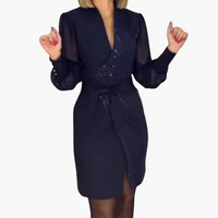 Elegantes schwarzes Kleid für Damen mit Pailletten und langen Ärmeln – Blau
