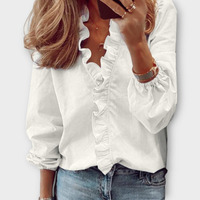 Karla | Damen Bluse Rüschen V-Ausschnitt Langarm Romantic Elegant – Weiß