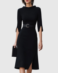 Victoria | Damen Elegant Asymmetrisches Midi Kleid – Schwarz