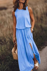 Lina | Fließendes Maxikleid mit Schlitz für mühelose Eleganz – Blau