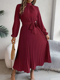 Sana | Damen Abend Plissierter Hochgeschlossener Midikleid – Rot
