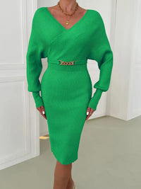 Exxy | Sexy V-Ausschnitt Midikleid mit langen Ärmeln für Herbst und Winter – Grün