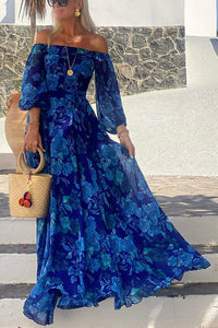Cleo | Schulterfrei Blumenmuster Maxi Abendkleid – Blau