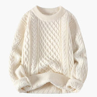 Damenpullover mit Rundhalsausschnitt und Zopfstrick-Oberfläche – Weiß