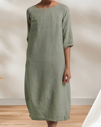Marbella Dress | Ladies Casual Leinen-Look Einfaches Midikleid – Grün