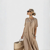 Elisa | Damen Midikleid Bindekragen Taschen Locker Casual Komfort – Khaki