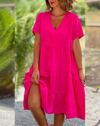 Louhi | Baumwoll-Leinen-Kleid mit V-Kragen – Fuchsie