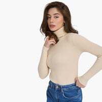 Damen Turtleneck Pullover mit gerippten Bündchen und Saum – Apricot