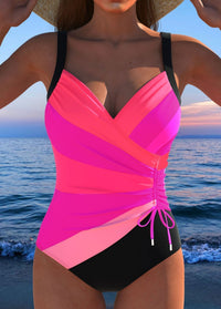 Marie | Eleganter Wickel-Badeanzug mit buntem Print – Rosa