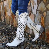 Lara | Damen Kniehohe Stiefel Nieten Blockabsatz Urban Edgy Modern – Weiß