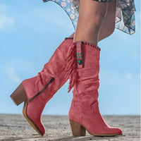 Sommerliche Cowboy Stiefel für Damen - Boho-Style Wildleder Stiefel mit Fransen – Rot