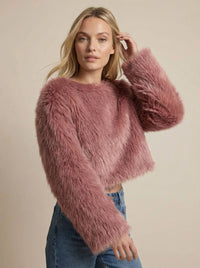 Cropped flauschiger Strickpullover für Damen mit weiten Ärmeln und U-Boot-Ausschnitt – Rosa